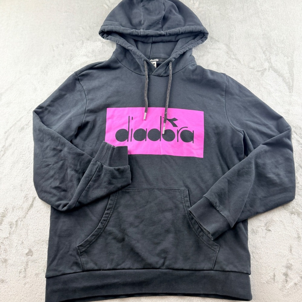 Diadora Women's Medium Graphic Logo Pullover Hoodie Black Pink Long Sleeve
